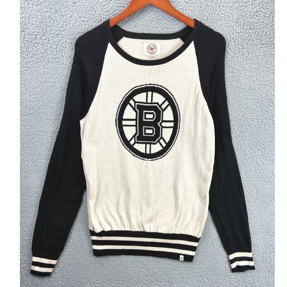 47 Brand Boston Bruins Raglan Pullover Sweater Womens XL Black White NHL Hockey
